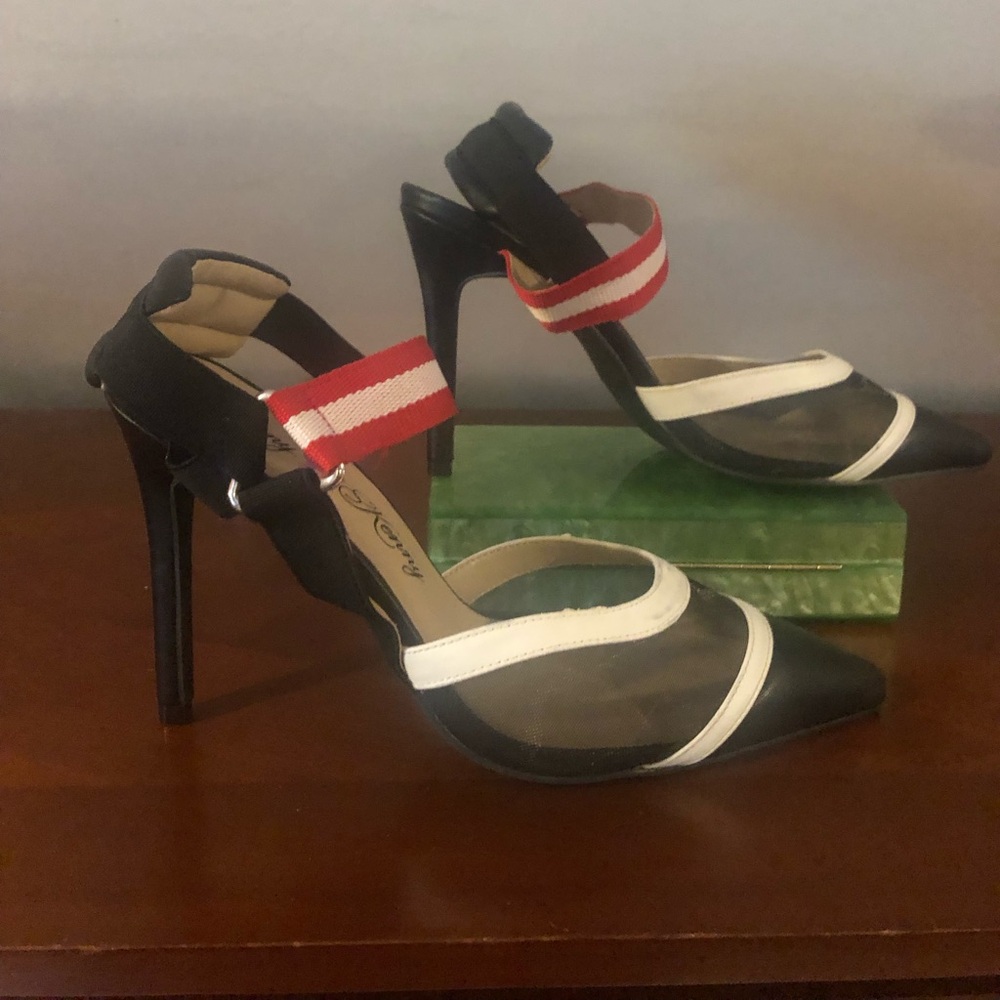 Penny Loves Kenny Black and White Pointed Toe Heels with Red Striped Ankle Strap - Picture 2 of 8